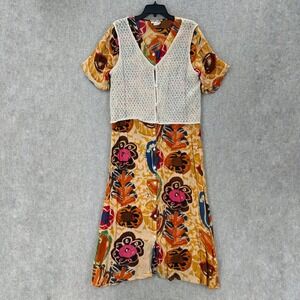 VTG TIP TOP Abstract Floral Print Midi Dress Art To Wear Artsy Crochet Vest M